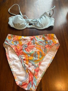 Xhilaration Light Blue Bikini Top with Multicolor Floral High-Waist Bottom